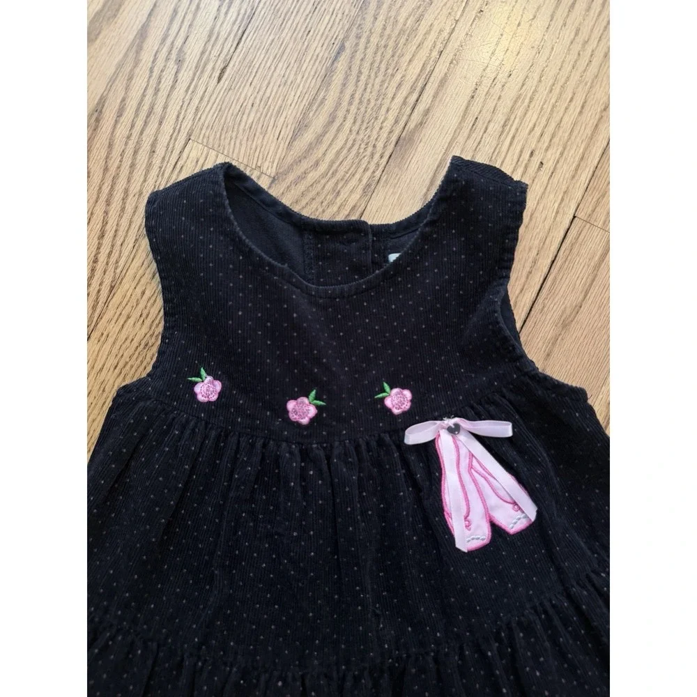 Rare Too Girls 2T Dark Blue Corduroy Jumper Dress Pink Ballet Shoes Embroidered